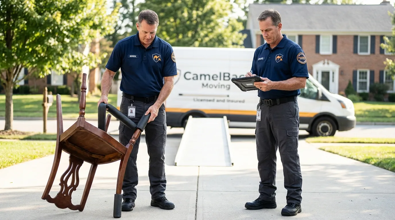 Movers inspecting furniture for damage prevention before loading in Mount Airy, GA