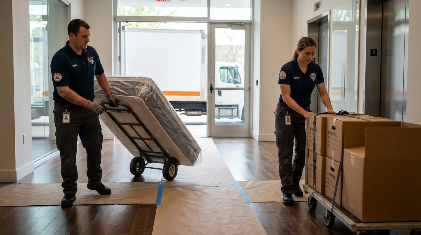 Professional apartment movers loading elevator in Mount Airy, GA