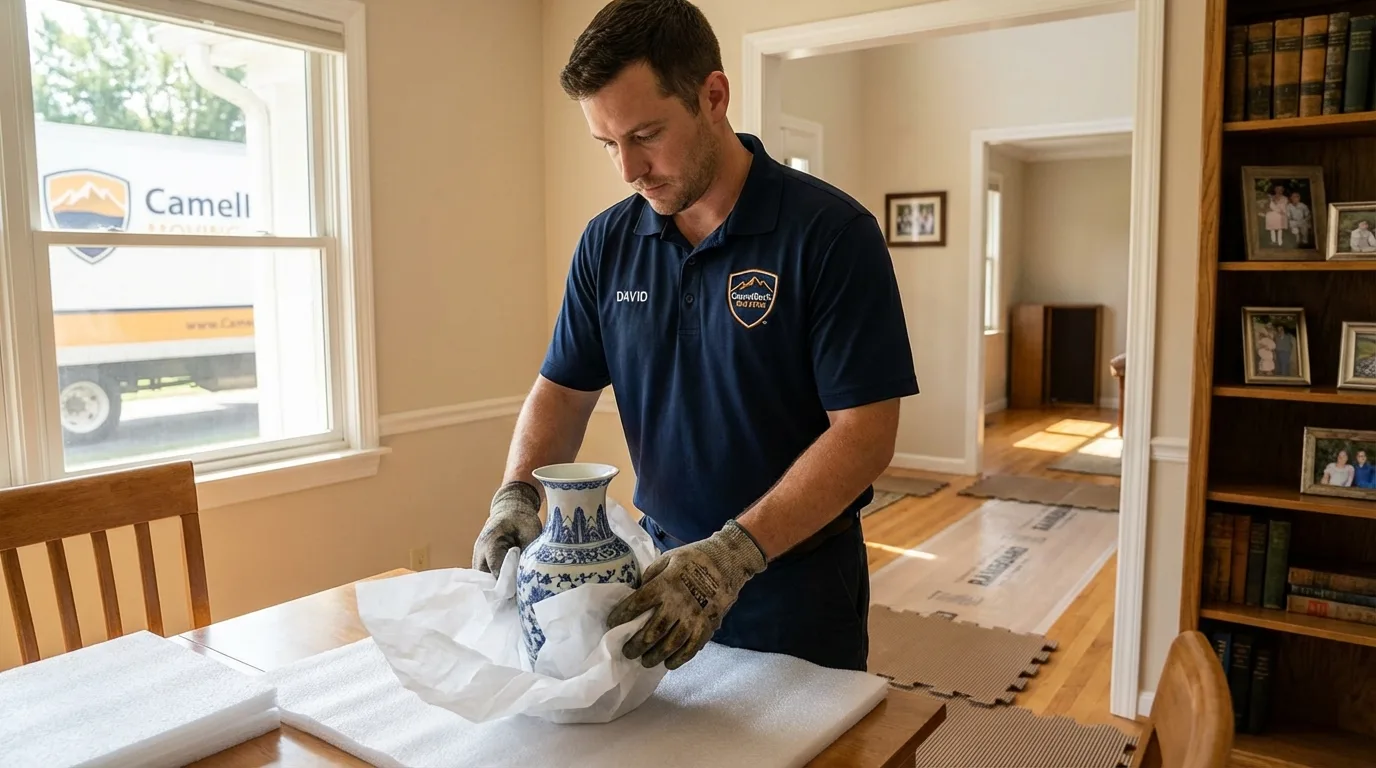 Professional crew carefully wrapping antique vase for senior downsizing move in Mount Airy, GA